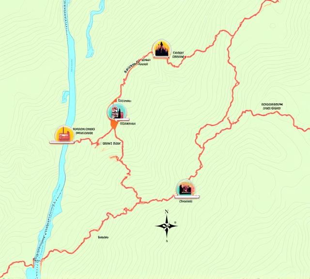 Mapa topográfico de rutas de senderismo con puntos de interés.